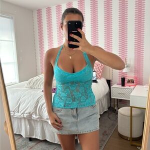 Women's Turquoise Lace Halter Top
